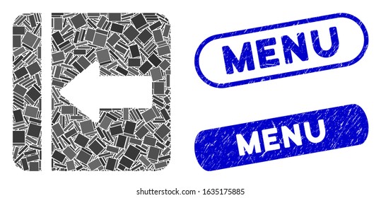 Mosaic hide menu left and corroded stamp seals with Menu phrase. Mosaic vector hide menu left is composed with random rectangles. Menu stamp seals use blue color, and have round rectangle shape.