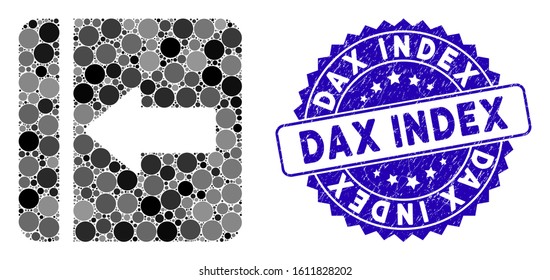 Mosaic hide menu left icon and rubber stamp watermark with Dax Index phrase. Mosaic vector is designed from hide menu left pictogram and with randomized spheric elements.