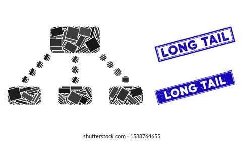Mosaic hierarchy icon and rectangular Long Tail watermarks. Flat vector hierarchy mosaic icon of scattered rotated rectangular elements. Blue Long Tail watermarks with distress surface.