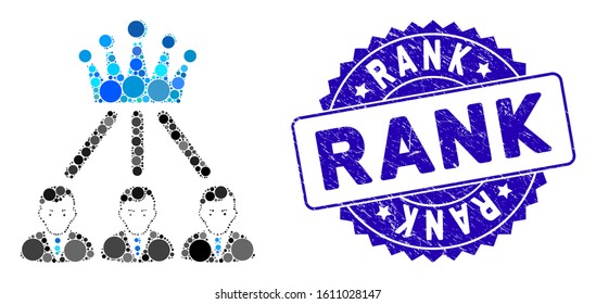 Mosaic hierarchy men icon and corroded stamp seal with Rank text. Mosaic vector is created with hierarchy men icon and with random round spots. Rank stamp seal uses blue color, and grunge surface.