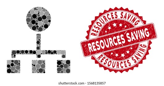 Mosaic hierarchy and rubber stamp watermark with Resources Saving caption. Mosaic vector is composed with hierarchy icon and with randomized spheric spots. Resources Saving stamp uses red color,