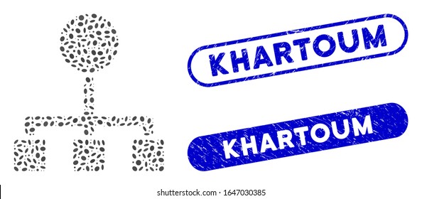 Mosaic hierarchy and rubber stamp watermarks with Khartoum caption. Mosaic vector hierarchy is formed with scattered ellipse items. Khartoum stamp seals use blue color, and have round rectangle shape.