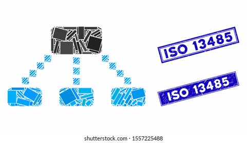 Mosaic hierarchy scheme icon and rectangle seal stamps. Flat vector hierarchy scheme mosaic icon of scattered rotated rectangle elements. Blue caption seal stamps with rubber textures.