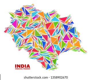 Mosaic Himachal Pradesh State map of triangles in bright colors isolated on a white background. Triangular collage in shape of Himachal Pradesh State map. Abstract design for patriotic purposes.
