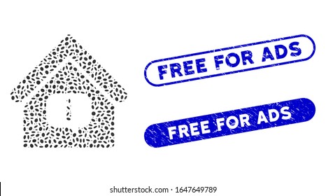 Mosaic hint building and grunge stamp watermarks with Free for Ads phrase. Mosaic vector hint building is created with random oval pieces. Free for Ads seals use blue color,
