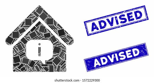 Mosaic hint building pictogram and rectangle Advised stamps. Flat vector hint building mosaic pictogram of random rotated rectangle items. Blue Advised rubber stamps with grunge texture.