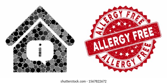 Mosaic hint building and rubber stamp watermark with Allergy Free caption. Mosaic vector is designed with hint building icon and with random round spots. Allergy Free stamp seal uses red color,