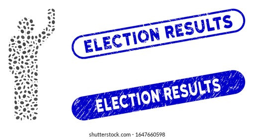 Mosaic hitchhike pose and distressed stamp seals with Election Results text. Mosaic vector hitchhike pose is formed with scattered oval spots. Election Results seals use blue color,