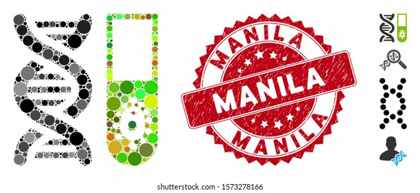 Mosaic hitech microbiology icon and corroded stamp seal with Manila text. Mosaic vector is created with hitech microbiology icon and with scattered spheric spots. Manila stamp uses red color,
