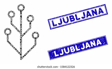 Mosaic hi-tech tree icon and rectangular Ljubljana watermarks. Flat vector hi-tech tree mosaic icon of scattered rotated rectangular elements. Blue Ljubljana stamp imprints with grunge textures.