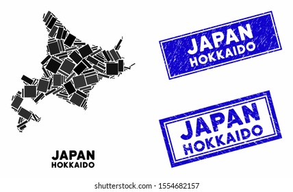 Mosaic Hokkaido Island map and rectangle stamps. Flat vector Hokkaido Island map mosaic of random rotated rectangle items. Blue caption seal stamps with distress texture.