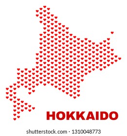 Mosaic Hokkaido map of heart hearts in red color isolated on a white background. Regular red heart pattern in shape of Hokkaido map. Abstract design for Valentine decoration.