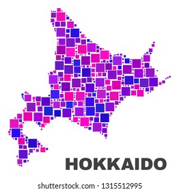 Mosaic Hokkaido map isolated on a white background. Vector geographic abstraction in pink and violet colors. Mosaic of Hokkaido map combined of random small squares.