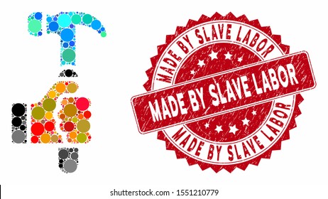 Mosaic hold hammer and corroded stamp watermark with Made by Slave Labor phrase. Mosaic vector is composed with hold hammer icon and with random circle spots.