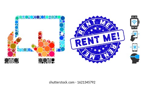 Mosaic hold smart pad icon and distressed stamp seal with Rent Me! phrase. Mosaic vector is designed with hold smart pad icon and with random spheric items. Rent Me! stamp seal uses blue color,