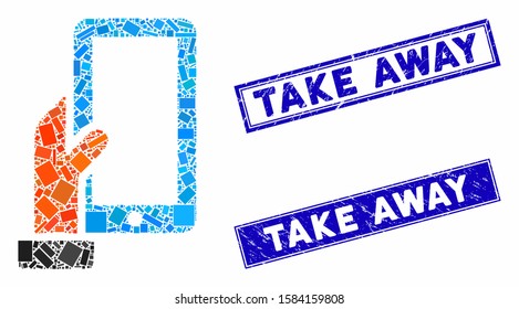 Mosaic hold smartphone pictogram and rectangle Take Away seal stamps. Flat vector hold smartphone mosaic pictogram of random rotated rectangle elements. Blue Take Away stamps with scratched textures.