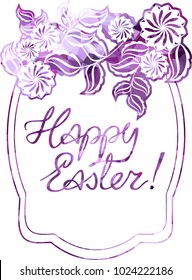 Mosaic holiday label with decorative flowers and artistic written greeting text "Happy Easter!". Design element for banners, labels, prints, posters, greeting cards, albums. Vector clip art.