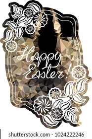 Mosaic holiday label with decorative flowers and artistic written greeting text "Happy Easter!". Design element for banners, labels, prints, posters, greeting cards, albums. Vector clip art.