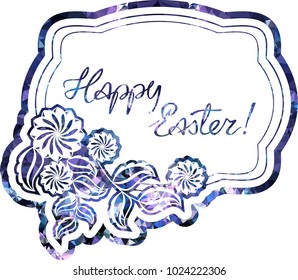 Mosaic holiday label with decorative flowers and artistic written greeting text "Happy Easter!". Design element for banners, labels, prints, posters, greeting cards, albums. Vector clip art.