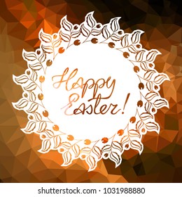 Mosaic holiday label with decorative flowers and artistic written greeting text "Happy Easter!". Design element for banners, labels, prints, posters, greeting cards, albums. Vector clip art.