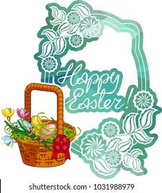 Mosaic holiday label with decorative flowers and artistic written greeting text "Happy Easter!". Design element for banners, labels, prints, posters, greeting cards, albums. Vector clip art.