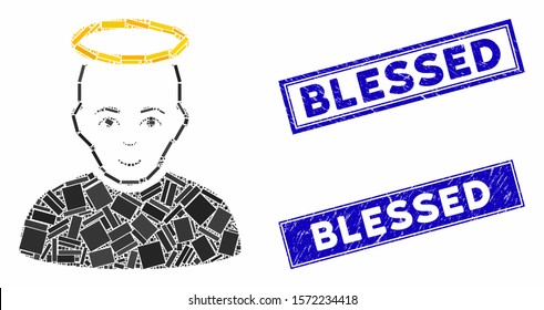 Mosaic holy man pictogram and rectangle Blessed watermarks. Flat vector holy man mosaic pictogram of scattered rotated rectangle elements. Blue Blessed watermarks with grunge texture.