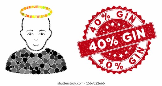 Mosaic holy man and rubber stamp seal with 40% Gin caption. Mosaic vector is created with holy man icon and with random spheric spots. 40% Gin stamp seal uses red color, and grunged surface.