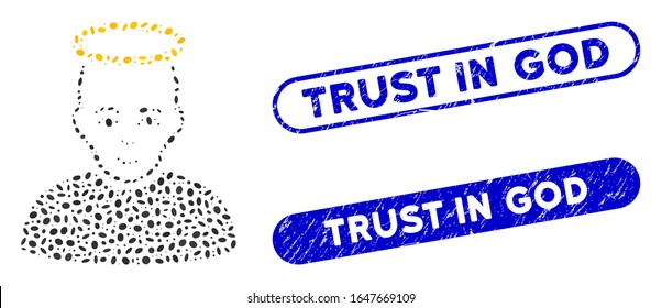 Mosaic holy man and rubber stamp seals with Trust in God caption. Mosaic vector holy man is formed with randomized elliptic items. Trust in God stamp seals use blue color,