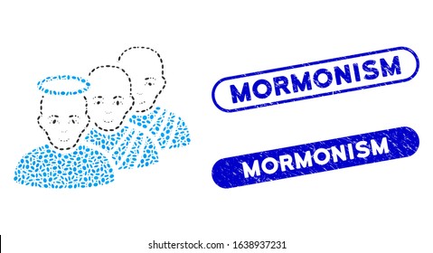 Mosaic holy men and grunge stamp seals with Mormonism caption. Mosaic vector holy men is formed with random ellipse elements. Mormonism stamp seals use blue color, and have round rectangle shape.