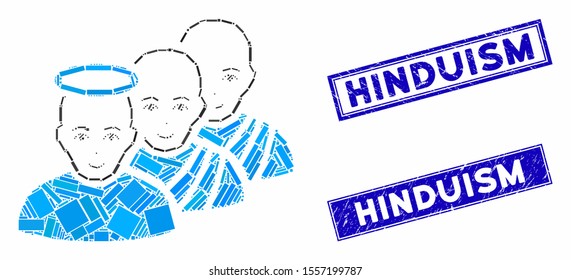 Mosaic holy men icon and rectangle seal stamps. Flat vector holy men mosaic icon of random rotated rectangle items. Blue caption rubber seals with rubber surface.