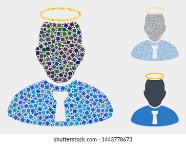 Mosaic Holy person icon designed from spheric and square items in random sizes, positions and proportions. Vector spheric and square items are composed into abstract collage holy person icons.