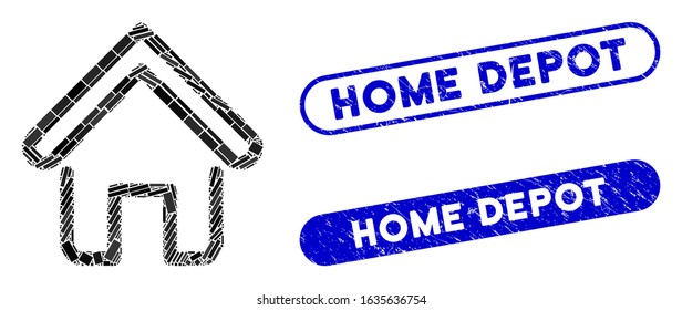 Mosaic home and distressed stamp seals with Home Depot caption. Mosaic vector home is created with random rectangles. Home Depot stamp seals use blue color, and have round rectangle shape.