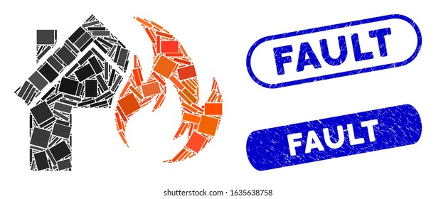 Mosaic home fire disaster and corroded stamp seals with Fault phrase. Mosaic vector home fire disaster is designed with random rectangles. Fault stamp seals use blue color,