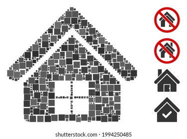 Mosaic Home icon constructed from square elements in various sizes and color hues. Vector square elements are grouped into abstract mosaic home icon. Bonus icons are added.