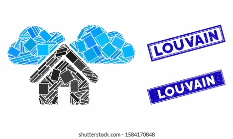 Mosaic home icon and rectangular Louvain rubber prints. Flat vector home mosaic icon of randomized rotated rectangular elements. Blue Louvain rubber stamps with dirty texture.