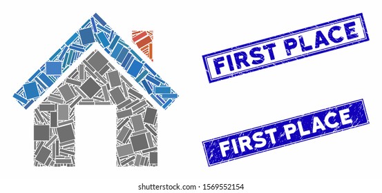 Mosaic home icon and rectangular rubber prints. Flat vector home mosaic icon of randomized rotated rectangle items. Blue caption stamps with rubber surface.