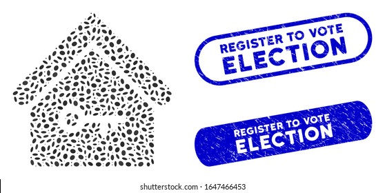 Mosaic home key and corroded stamp seals with Register to Vote Election text. Mosaic vector home key is designed with scattered oval items. Register to Vote Election stamp seals use blue color,