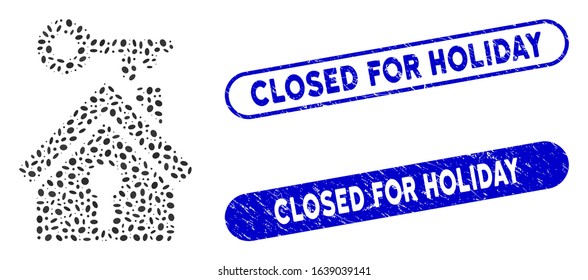 Mosaic home key and rubber stamp seals with Closed for Holiday phrase. Mosaic vector home key is designed with random oval elements. Closed for Holiday stamp seals use blue color,