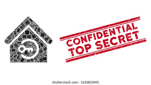 Mosaic home login icon and red Confidential Top Secret seal between double parallel lines. Flat vector home login mosaic icon of random rotated rectangle elements.