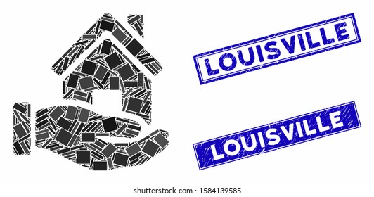 Mosaic home offer icon and rectangular Louisville watermarks. Flat vector home offer mosaic icon of random rotated rectangular elements. Blue Louisville watermarks with distress surface.