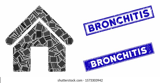 Mosaic home pictogram and rectangular Bronchitis seals. Flat vector home mosaic pictogram of random rotated rectangular items. Blue Bronchitis stamps with dirty surface.