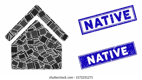 Mosaic home pictogram and rectangular Native seal stamps. Flat vector home mosaic pictogram of scattered rotated rectangular items. Blue Native seal stamps with grunged texture.
