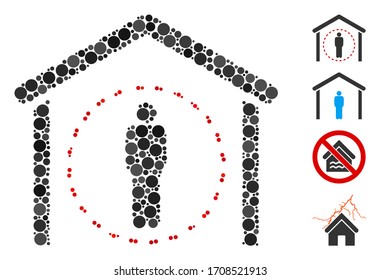 Mosaic Home quarantine icon constructed from circle elements in various sizes, positions and proportions. Vector circle spots are grouped into abstract mosaic home quarantine icon.