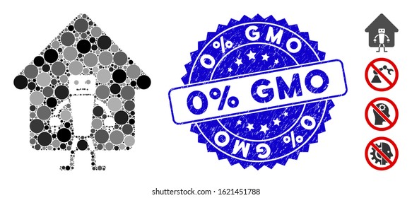 Mosaic home robot icon and corroded stamp seal with 0% GMO caption. Mosaic vector is formed with home robot icon and with random spheric items. 0% GMO stamp seal uses blue color, and scratched design.