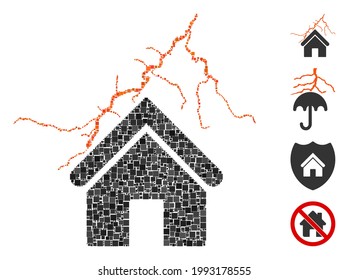 Mosaic Home in thunderstorm icon composed of square elements in variable sizes and color hues. Vector square elements are united into abstract mosaic home in thunderstorm icon.