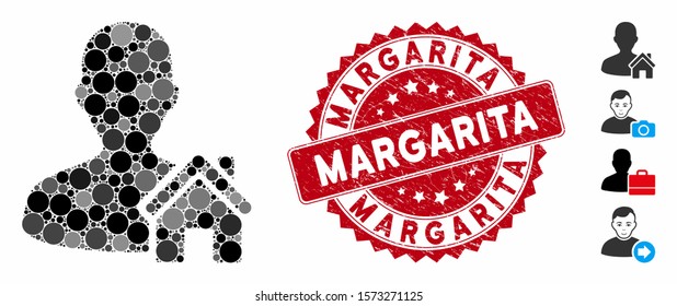 Mosaic home user icon and rubber stamp watermark with Margarita caption. Mosaic vector is designed with home user icon and with random round items. Margarita stamp uses red color, and grunged design.