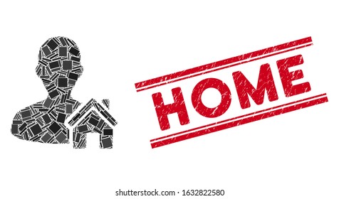 Mosaic home user pictogram and red Home seal stamp between double parallel lines. Flat vector home user mosaic pictogram of random rotated rectangle items. Red Home seal stamp with rubber surface.