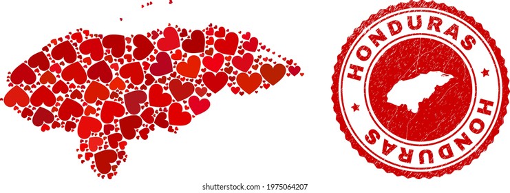 Mosaic Honduras map designed with red love hearts, and unclean seal stamp. Vector lovely round red rubber seal stamp imitation with Honduras map inside.