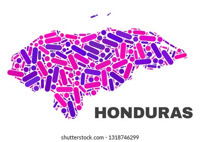 Mosaic Honduras map isolated on a white background. Vector geographic abstraction in pink and violet colors. Mosaic of Honduras map combined of scattered circle dots and lines.