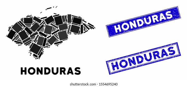 Mosaic Honduras map and rectangle seal stamps. Flat vector Honduras map mosaic of scattered rotated rectangle items. Blue caption watermarks with scratched texture.